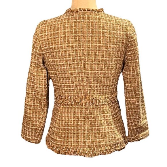 Brooks Brothers Tweed Blazer Sz.6 Tan Fitted Fringe Trim Career Old Money Classy - Picture 4 of 12